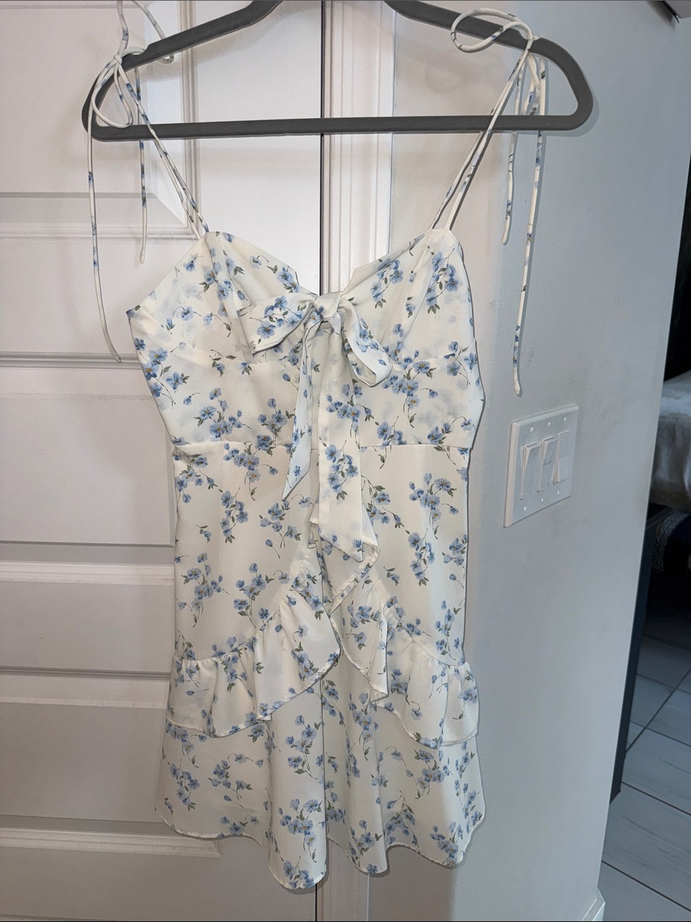 Cider Cream Floral Tie-Front Sundress with Blue Print
